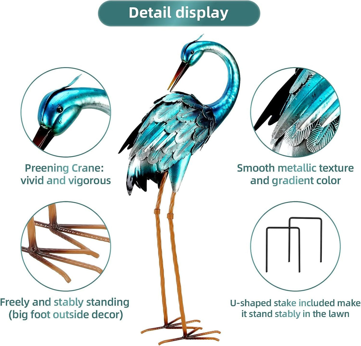Retro Whale Blue Metal Heron Garden Statue additional product photo