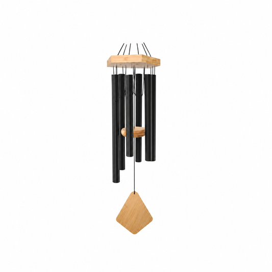 Retro Whale Black Aluminum Wind Chime with Natural-Tone Top studio product photo