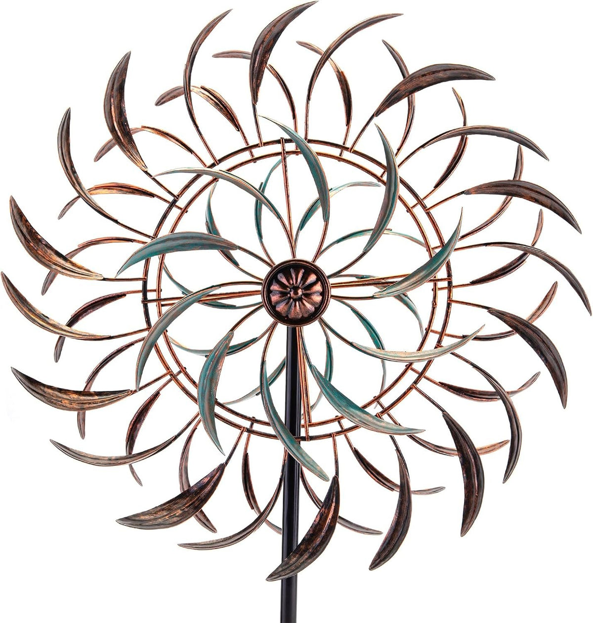 Retro Whale Antique Bronze and Turquoise Metal Wind Spinner studio product photo