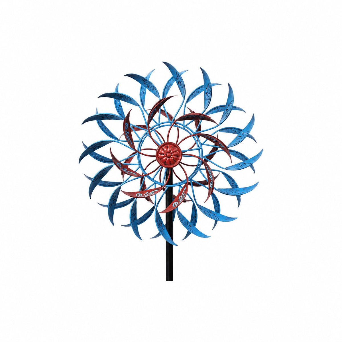 Retro Whale Blue and Red Vine Scroll Metal Wind Spinner studio product photo